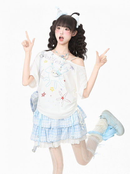 White Pegasus Print Asymmetric Shoulder T-Shirt with Rhinestone Details - Languid Park
