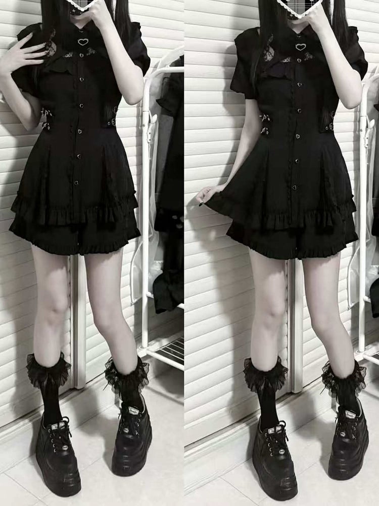 Black Buckles Matching Two-Piece Adjustable Kei Neckline Shorts Dress Waist Jirai Set: with Illusion