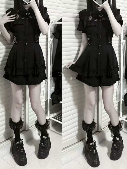 Black Buckles Matching Two-Piece Adjustable Kei Neckline Shorts Dress Waist Jirai Set: with Illusion