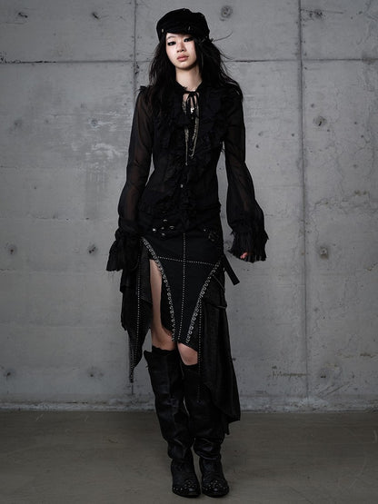 Skirt with Embellishments PU Handkerchief Hem Punk Gothic Metal Black