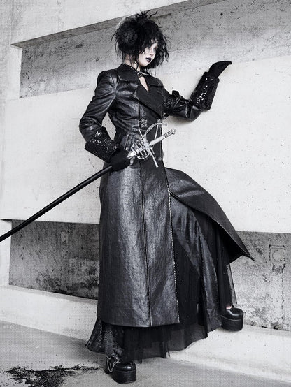 快適なフリース裏地付きブラックゴスクラックレザートレンチコート