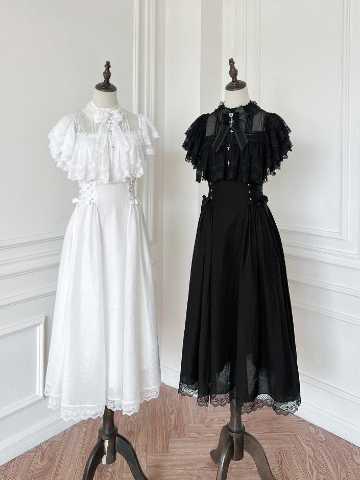 Black/White Lace Cutout Shoulder Jirai Kei Cross Dress - Tan Tuan