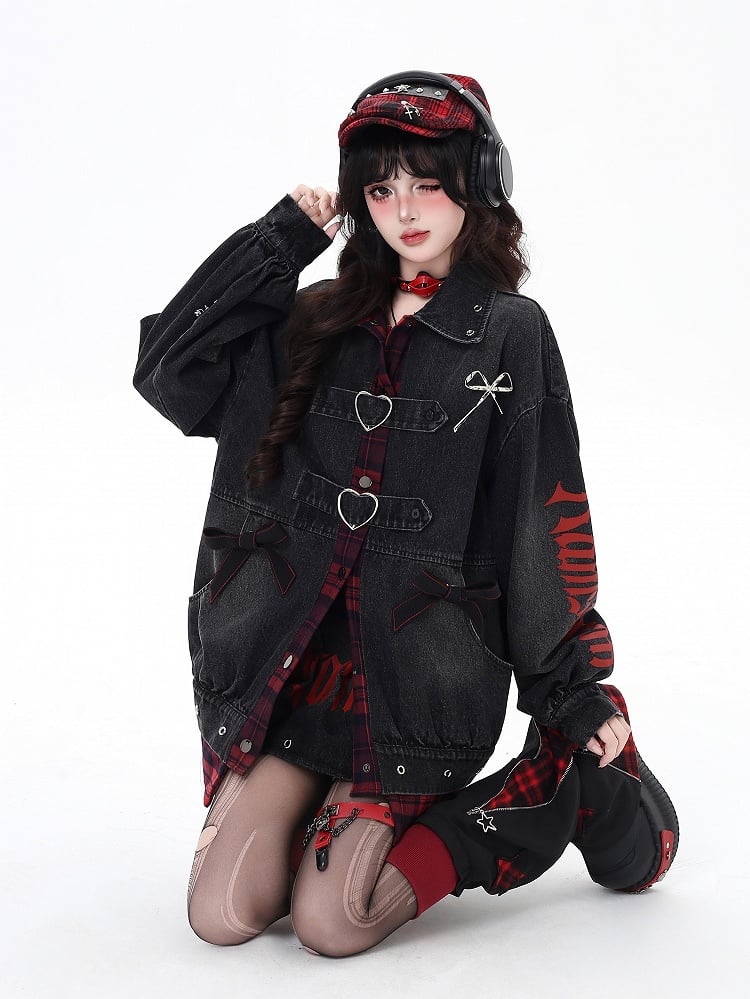Faux Two-Piece Denim Jacket with Plaid Patchwork and Bowknot Details Black