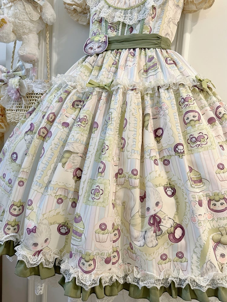 Print and Kitten Jumper Skirt Cream Mangosteen Lolita Green Sweet