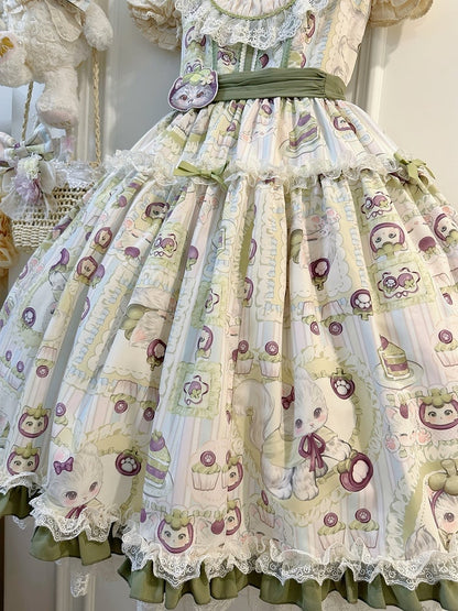 Print and Kitten Jumper Skirt Cream Mangosteen Lolita Green Sweet