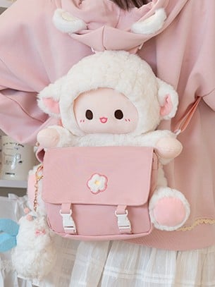 Plush And Pink Canvas Bag Backpack Lamb White Detachable Set