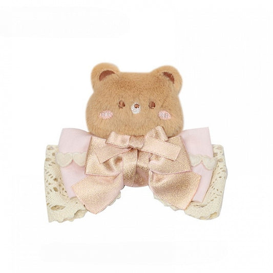 Pink/Green/Brown Hairclip Bow Accent Lace Bear Lolita with