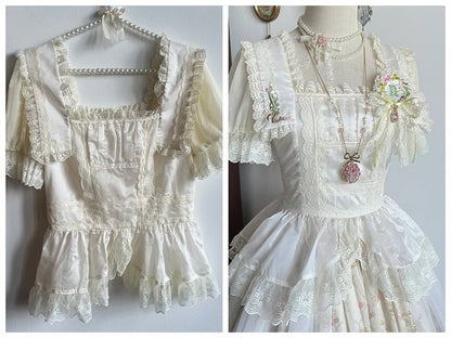 スカートウエスト+花柄サイズ伸縮性プリントクラシックスクエアネックラインプラス利用可能なロリータセットエレガントなブラウス