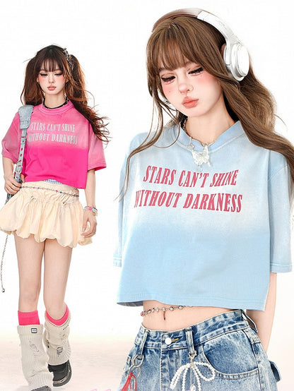 グラデーションカラー ローズピンク/ブルー文字 クロップTシャツ