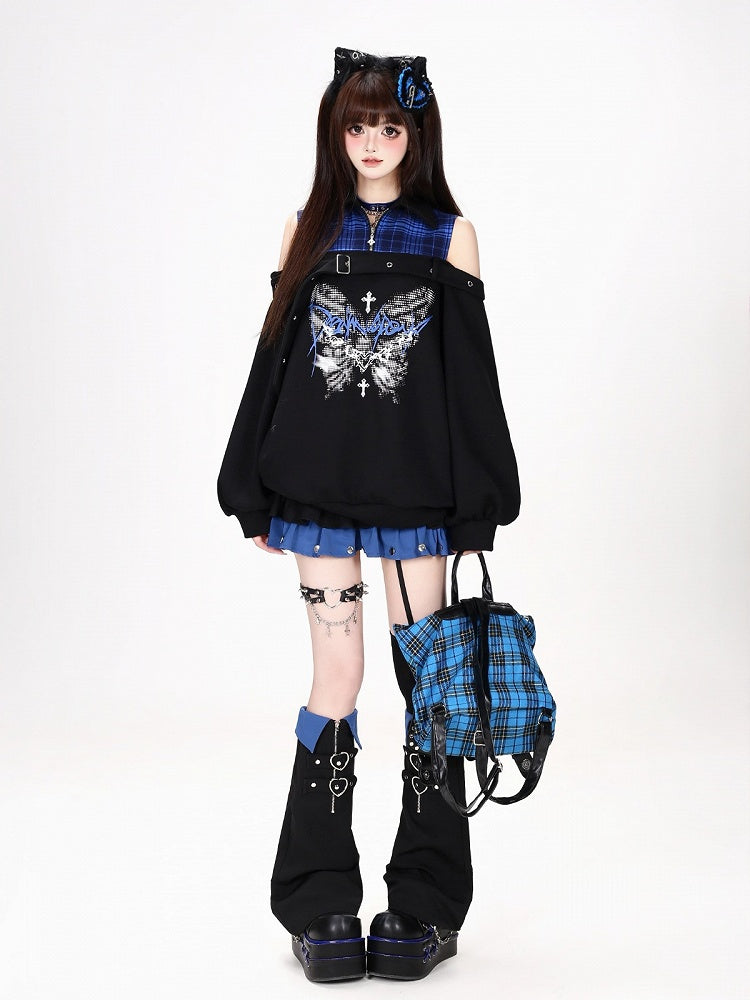Hot Girl Style Cold Shoulder Sweatshirt with Pixel Butterfly Print in Blue and Black Plaid Faux Two-Piece - CRAZY GIRL