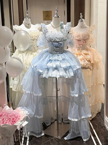 Blue Elegant Lolita Jumper Dress with Train and Sleeves - Diamond Honey
