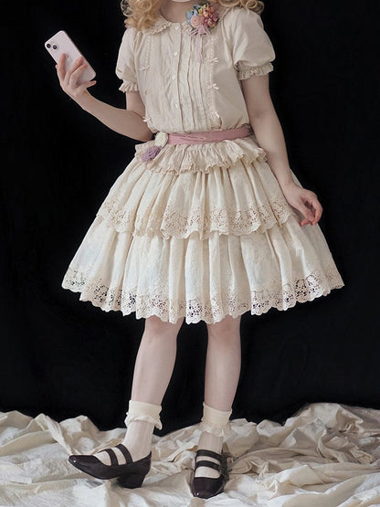 Beige Multi-layer Ruffles Elegant Lolita Skirt Floral Embroidery Details - Miss Point