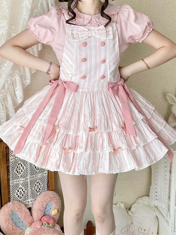 Layered Overall Lolita with Sweet Pink Ruffle Striped Dress Bow Accents