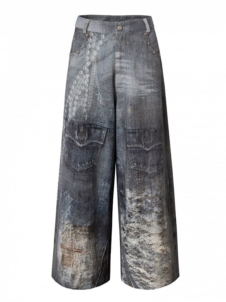 Print Spitzenjeans Schnitt Weites Bein Blau Kette Punk Wasteland Details