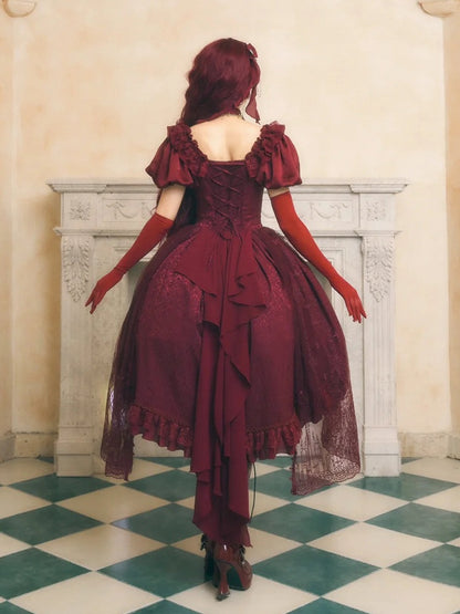 赤いドラゴンの骨の刺繍ハイロースカートドレスゴシックロリータOP、大聖堂の刺繍オーバーレイ付き