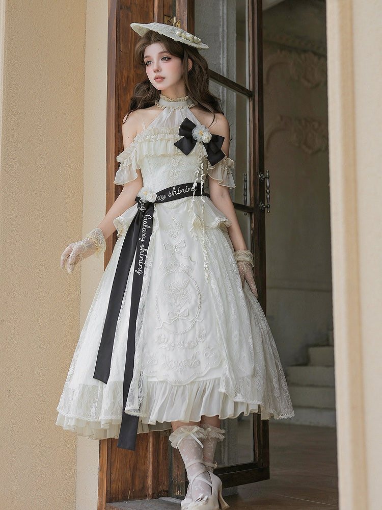Beige Halter Neck Floral Embroidery Elegant Classic Lolita Dress with Bow - Unknown Star