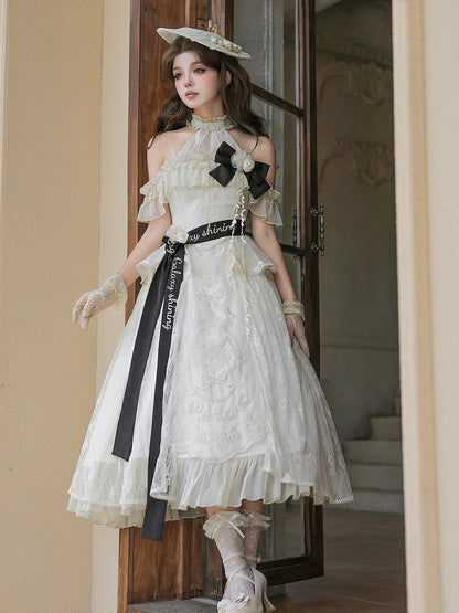 Beige Halter Neck Floral Embroidery Elegant Classic Lolita Dress with Bow - Unknown Star