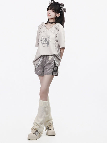 Summer Light Gray Cartoon Print V-Neck Top with Ties and Lace - PINK SAVIOR