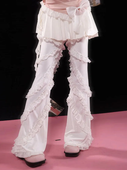 レースフリルパンツ ホワイトバレエコアスカート セルフタイセット +