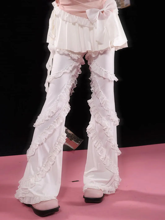 レースフリルパンツ ホワイトバレエコアスカート セルフタイセット +