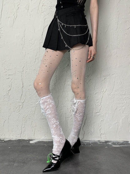 Pattern Floral Stockings Underknee Semi-sheer Details Bowknot White Y2K