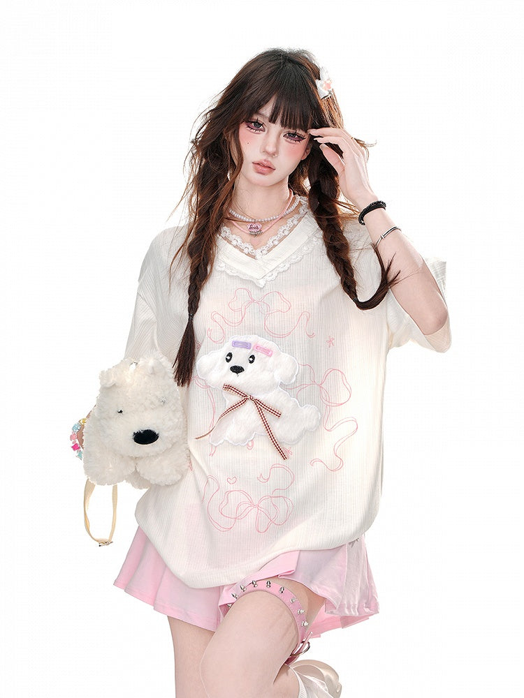 Loose Yume Adorable Puppy Pattern White/Blue T-Shirt Kawaii