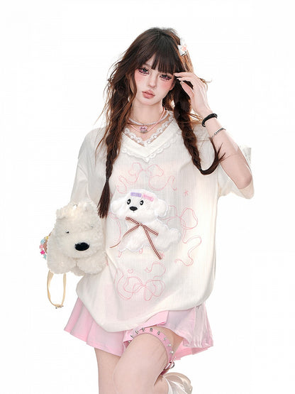 Loose Yume Adorable Puppy Pattern White/Blue T-Shirt Kawaii