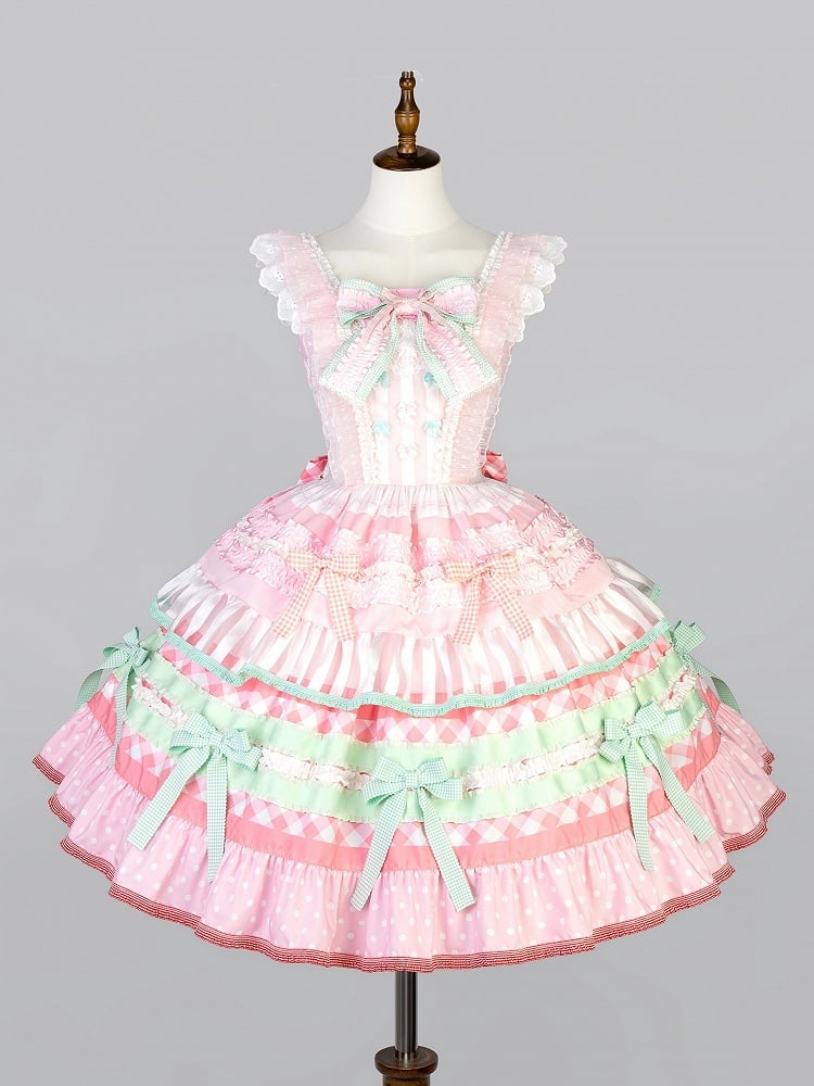 Lolita-Kleid, Kuchen, süße Schleife und Akzente, Rock, gestuft, Wassermelone, Rosa, Grün