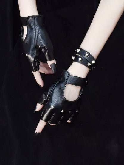Punk Black Cutout Half-Finger Gloves with Studded Bracelet Set - Mr. Cat