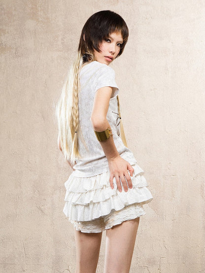 Fashion Skort Punk Beige Gyaru Waist Elastic Print with Leopard Ruffle Layers