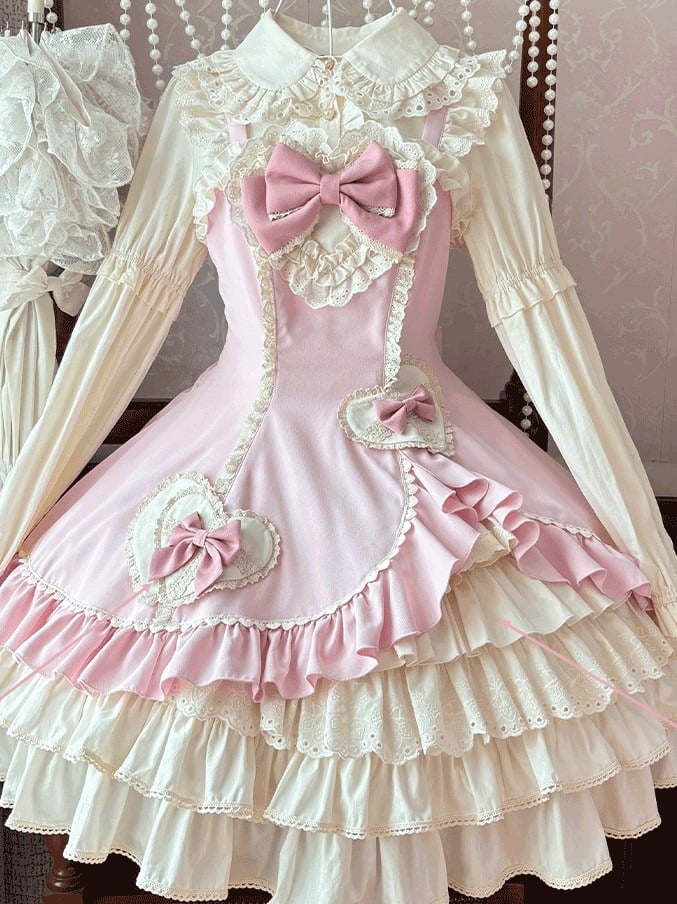 Lolita Heart Lace JSK and with Pink Sweet Dress Patch Ruffles Embellished Beige Bow