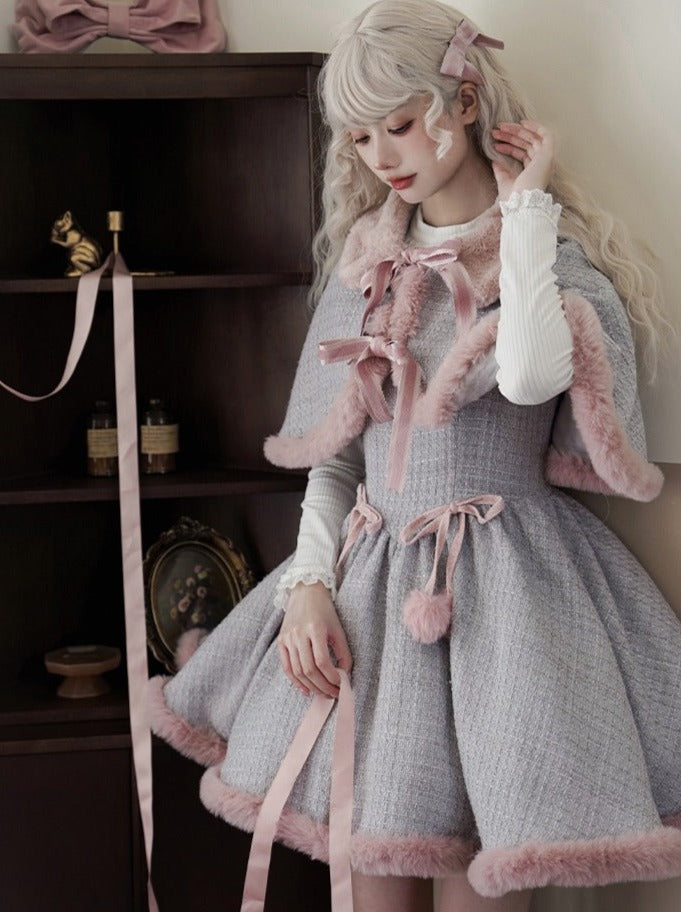 Tweed-Pelzkleid Pelz + süßer Umhang