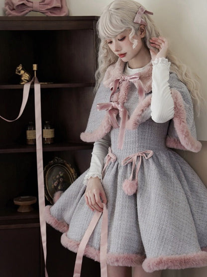 Tweed-Pelzkleid Pelz + süßer Umhang