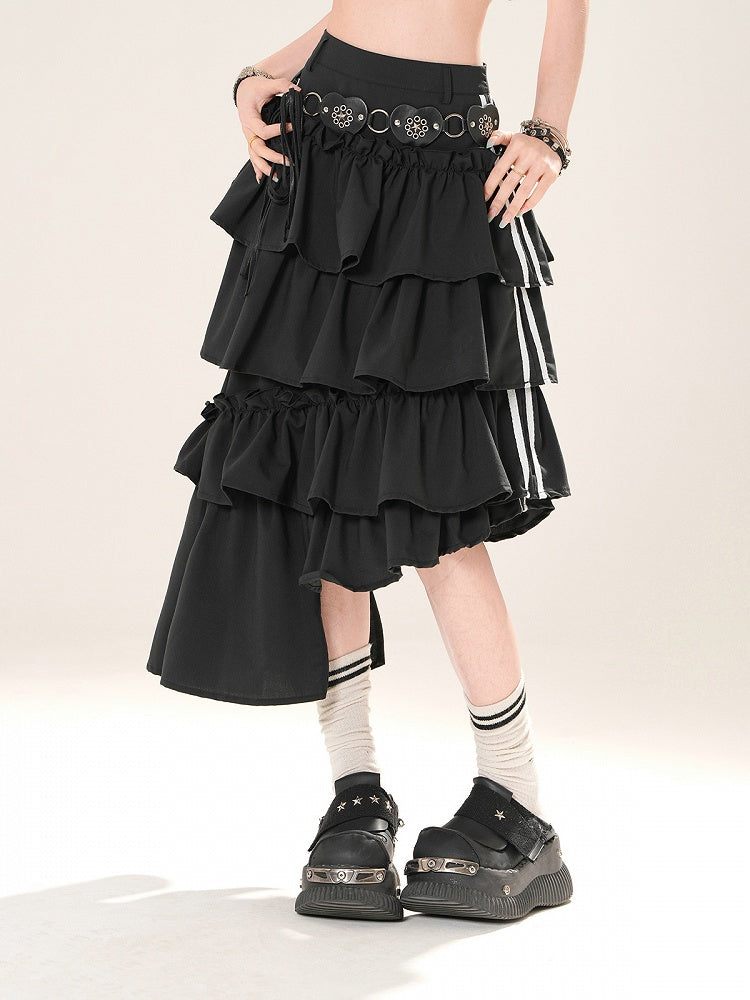 Black Asymmetrical Hem Tiered Skirt