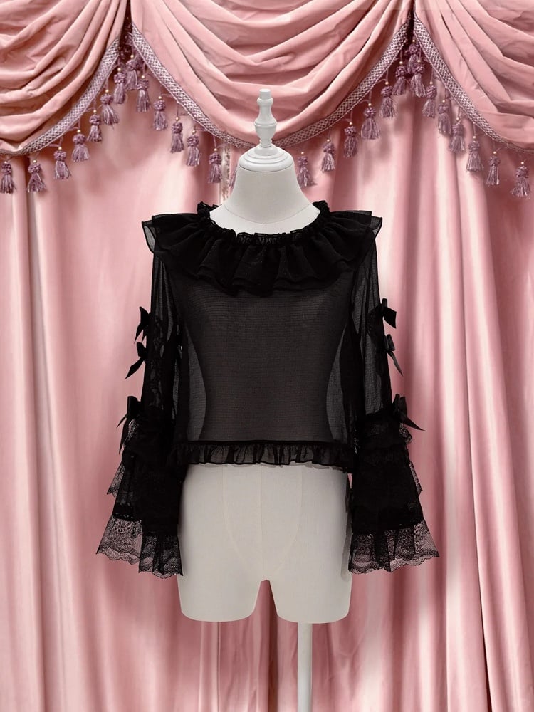 with Black Accents Lace Lolita Bow Bell Sleeves Blouse