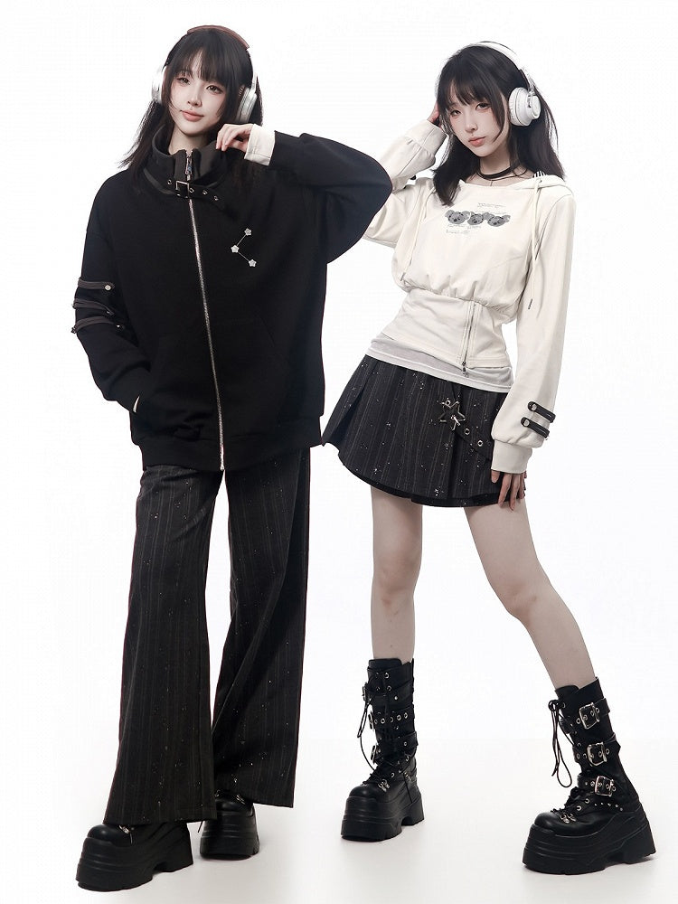 Buckle-Strapped Straight Trousers with Glittering Star Stripe Motif in Black - PINK SAVIOR