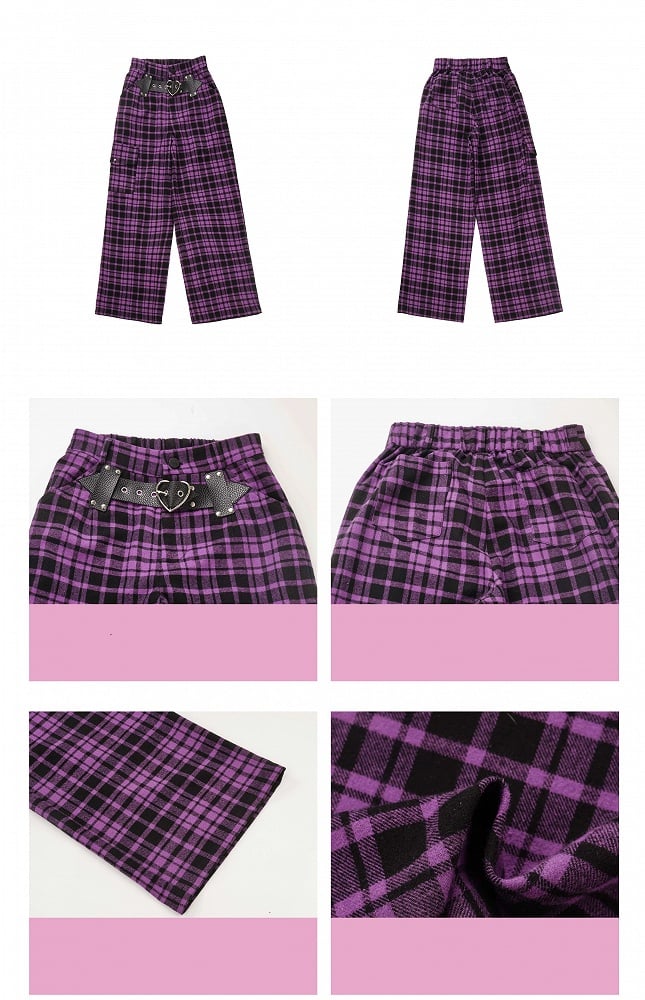 Purple Plaid Pants Heart Buckle Pattern Trendy - PINK SAVIOR