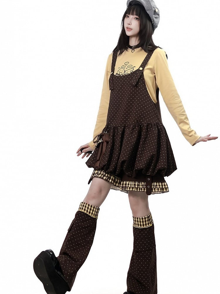 Kawaii Coffee Polka Dot Bubble Overall Skirt with Star Bow Charms - PINK SAVIOR