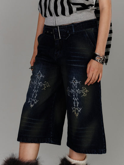 Buckle Distressed Jeans Blue Print Faded Wash Glamorous Belt with Cross