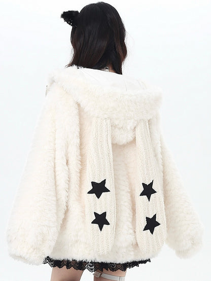 Jacket Hoodie Ear Accents Off-white/Dusty Blue Hood Kawaii Daily - Starry Stellar Bunny Striped