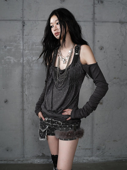 Knit Accents Cutout Gray Layered Shoulder Sequin Top Studded Dark with