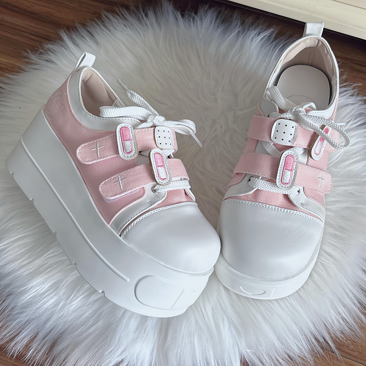 Pink Yami Kawaii Platform Sneakers with Lace-Up & Velcro Straps - Night Sakura Water Lantern