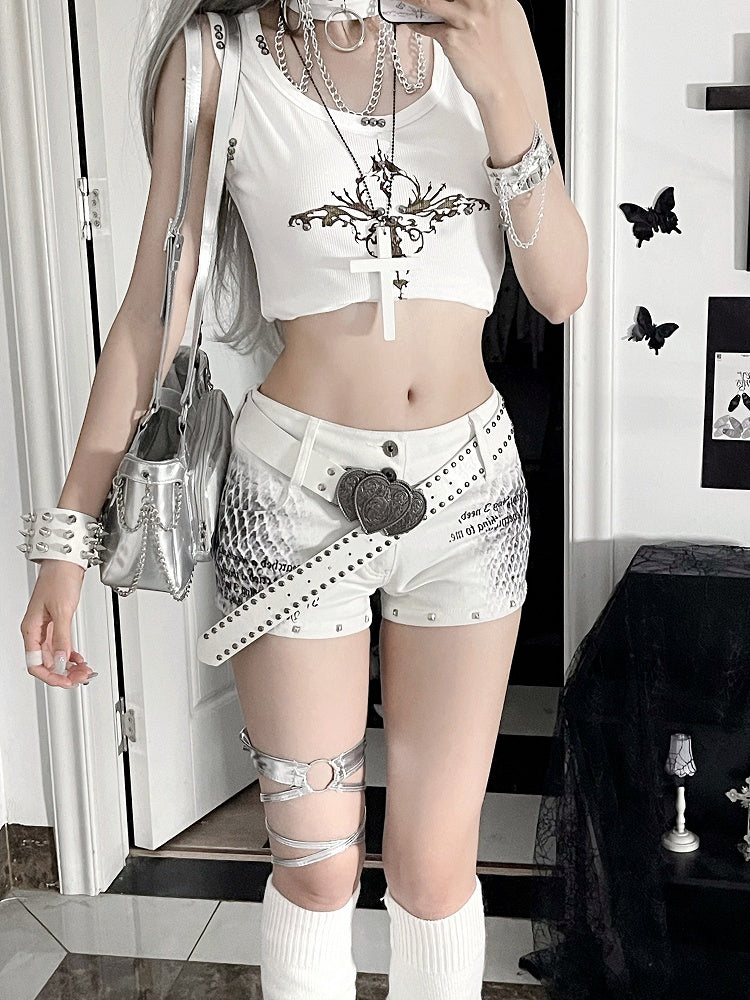 ホワイト ローライズ スネークスキンプリント ミニショーツ