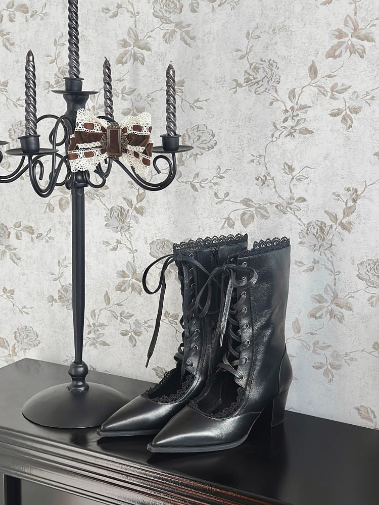 Vintage Gothic Pointed-Toe Boots with 5.5CM Heels, Side Zip and Lace-Up Detail in Black - GURURU