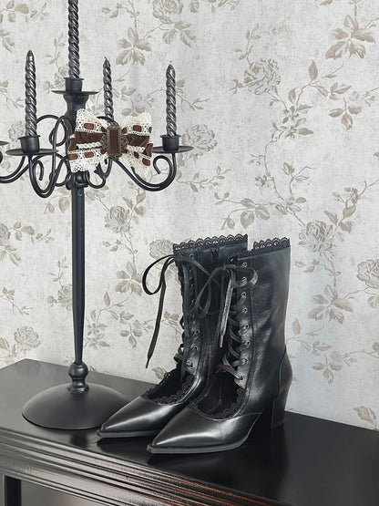 Vintage Gothic Pointed-Toe Boots with 5.5CM Heels, Side Zip and Lace-Up Detail in Black - GURURU