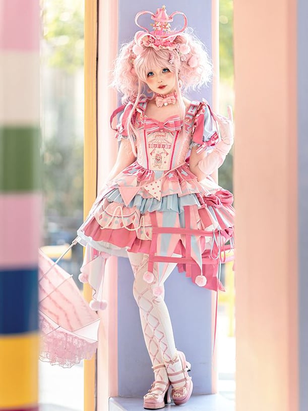 Bunny Dress Sweet Pink Detachable Jumper Circus Sleeves with Puff Skirt Embroidery Lolita