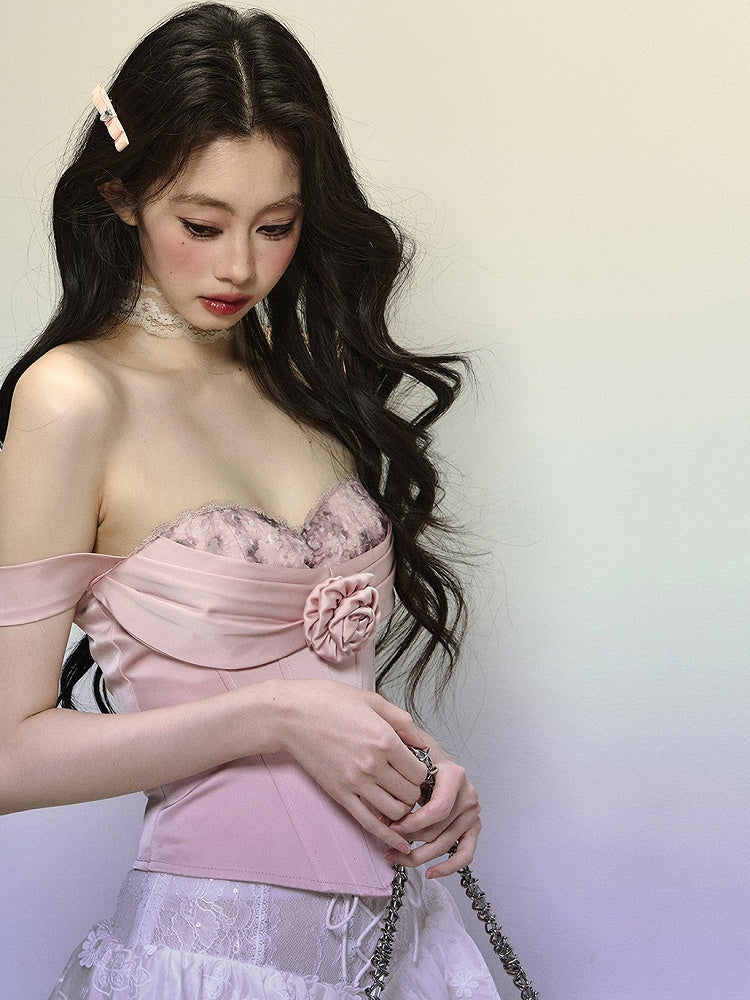 Rosafarbenes Bustier-Korsett-Oberteil mit Blumenmuster und Stäbchen