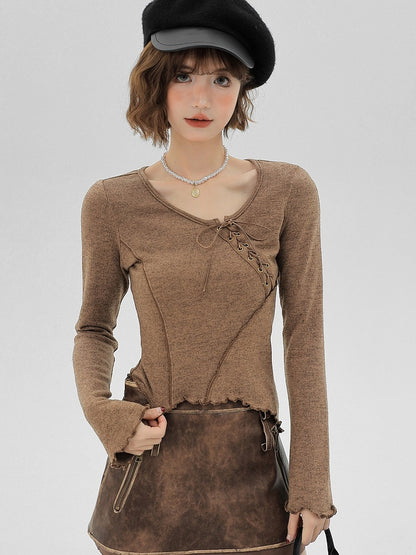 Brown Ruffle Trim Long Sleeve T-Shirt with Lace-up Details - Girlyhalo