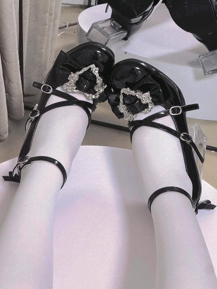 Block Leather PU Sweet for High Black Janes Transparent - Heart Lolita Decor Mary Rose Heel