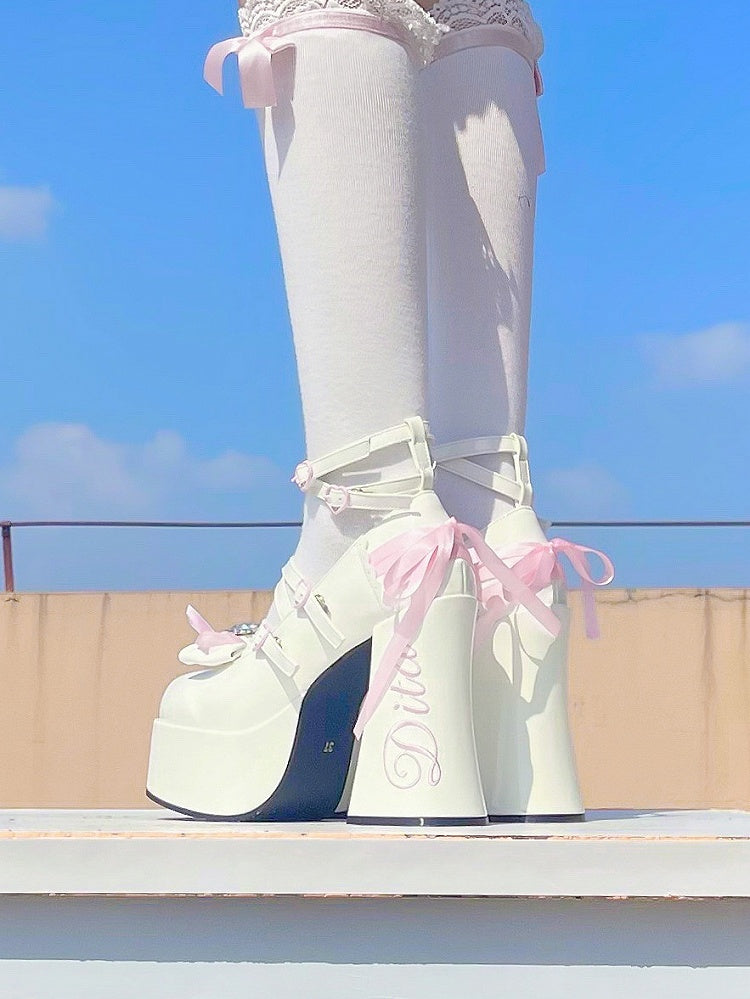 Heels Sweet Block Design - Crisscross High Platform Lolita White